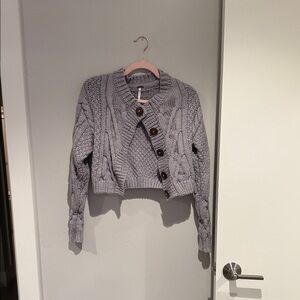 Free People Gray Button-Up Cable Knit Cardigan